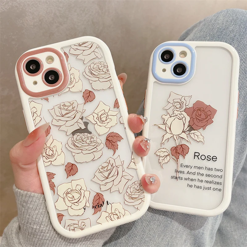 

Korean Cute Rose Flower Phone Case For iPhone 11 12 13 Pro Max XS X XR Transparent Camera Protection Cover