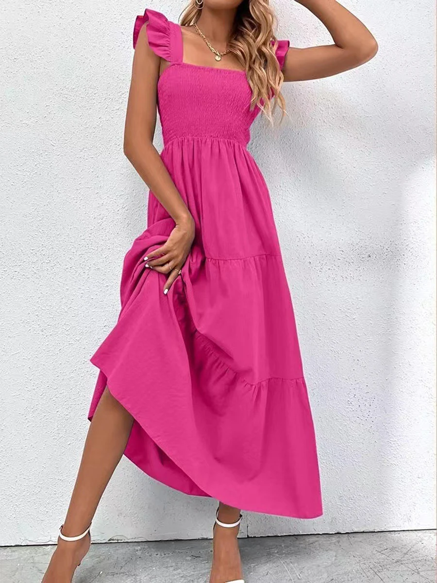 

New Fashion Women Long Dress Fly Sleeve Square Neck Solid Loose Swing Dress Summer A-Line Dress Club Street Style Hot Sale S-XL