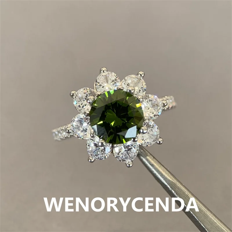 925 Sterling Silver colour Moissanite Four claws  2CT  sunflower RING Emerald Real Moissanite Rings  Fashion anniversary gift