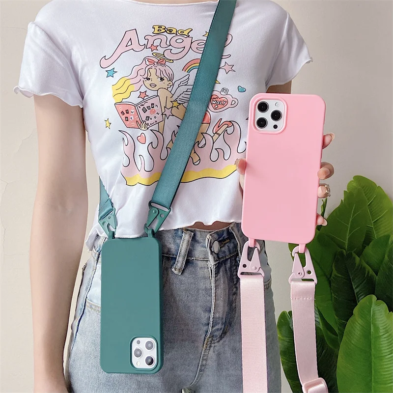 Luxury Crossbody Lanyard Strap Phone Case For iPhone 14 12 13 Mini 11 Pro Max Plus Candy Color Silicone Soft TPU Back Cover