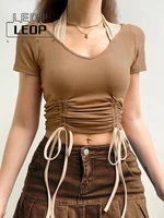 ledp summer harajuku womens y2k lace up tee casual solid color sexy vintage corset cropped top aesthetic pleated tee