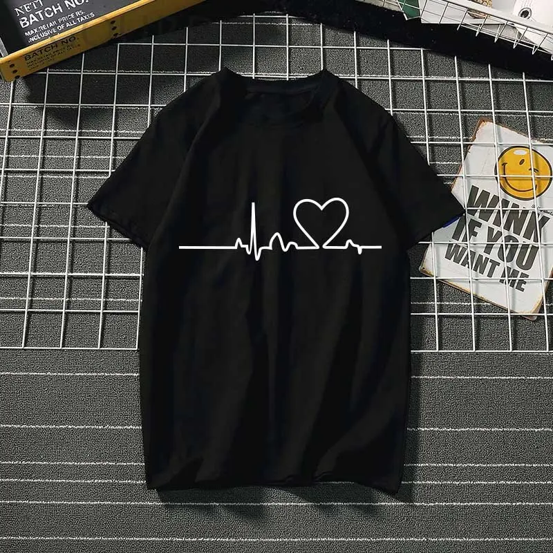 

Womens T-shirt Heart Printed Short Sleeve Tops Ladies Summer Tee Shirts Fashion Casual Cotton Female Clothing Black and White