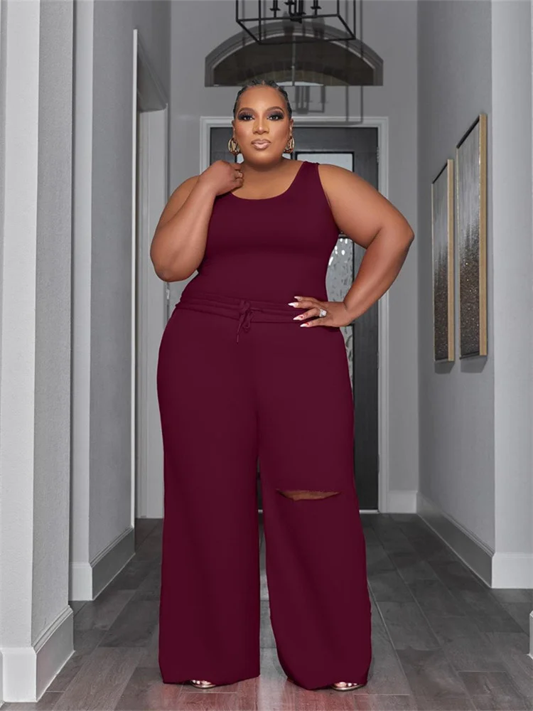Plus Size Two Piece Set Women Summer Solid Shirts Vest Pants Holes Pockets Fashion Matching Suit Track 3xl 4xl 5xl 6xl
