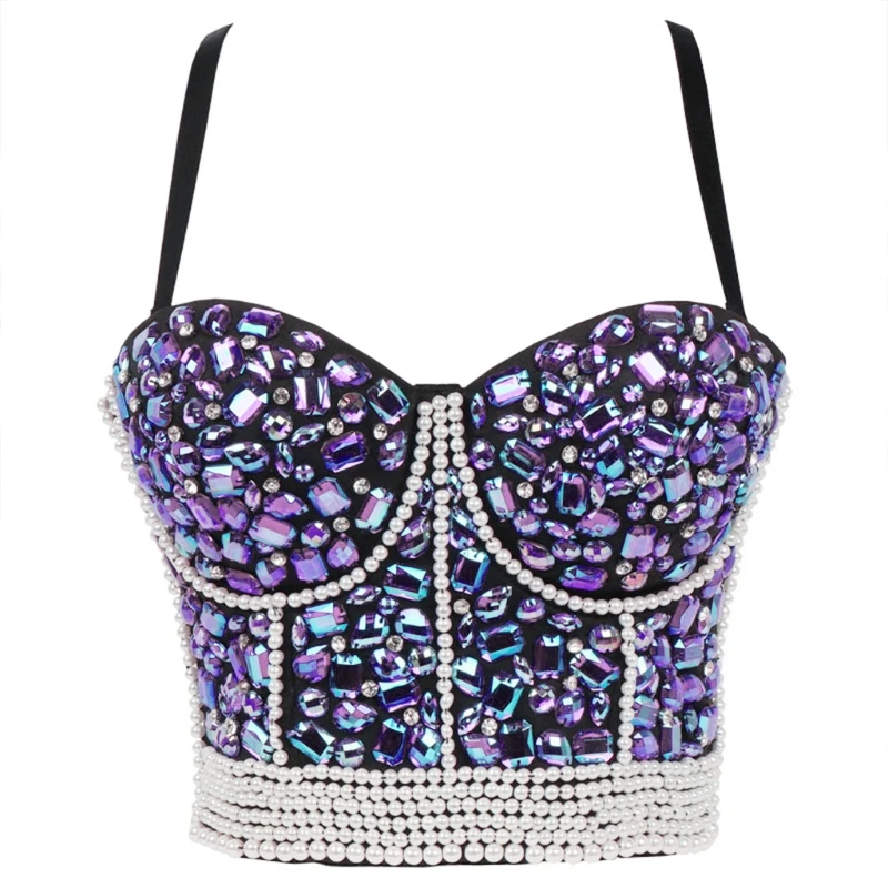 

Womens Colorful Rhinestone Push Up Bra Bustier Imitation Pearl Beaded Underwire Camisole Sexy Punk Party Clubwear Corset Crop