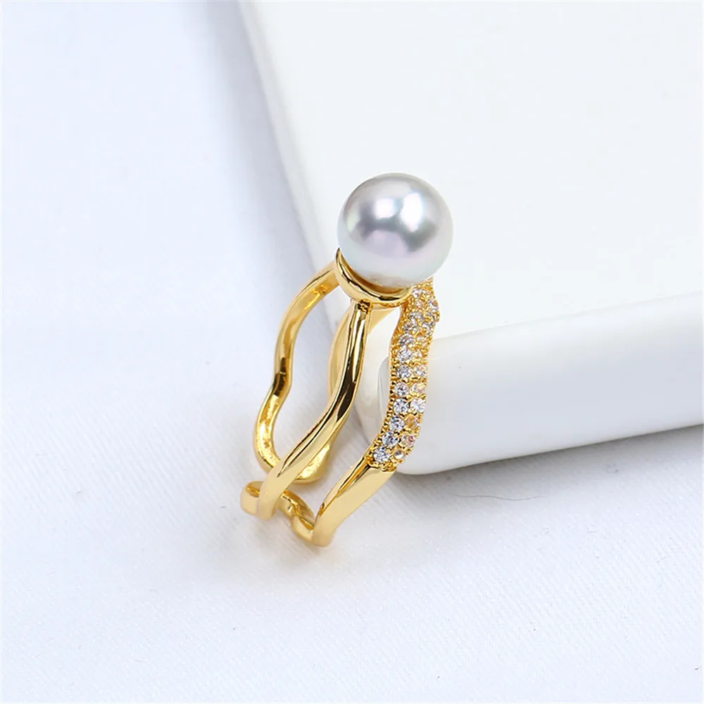 

Domestic 14k gold plated micro zirconia curved ring zirconia pearl empty holder adjustable DIY accessories women