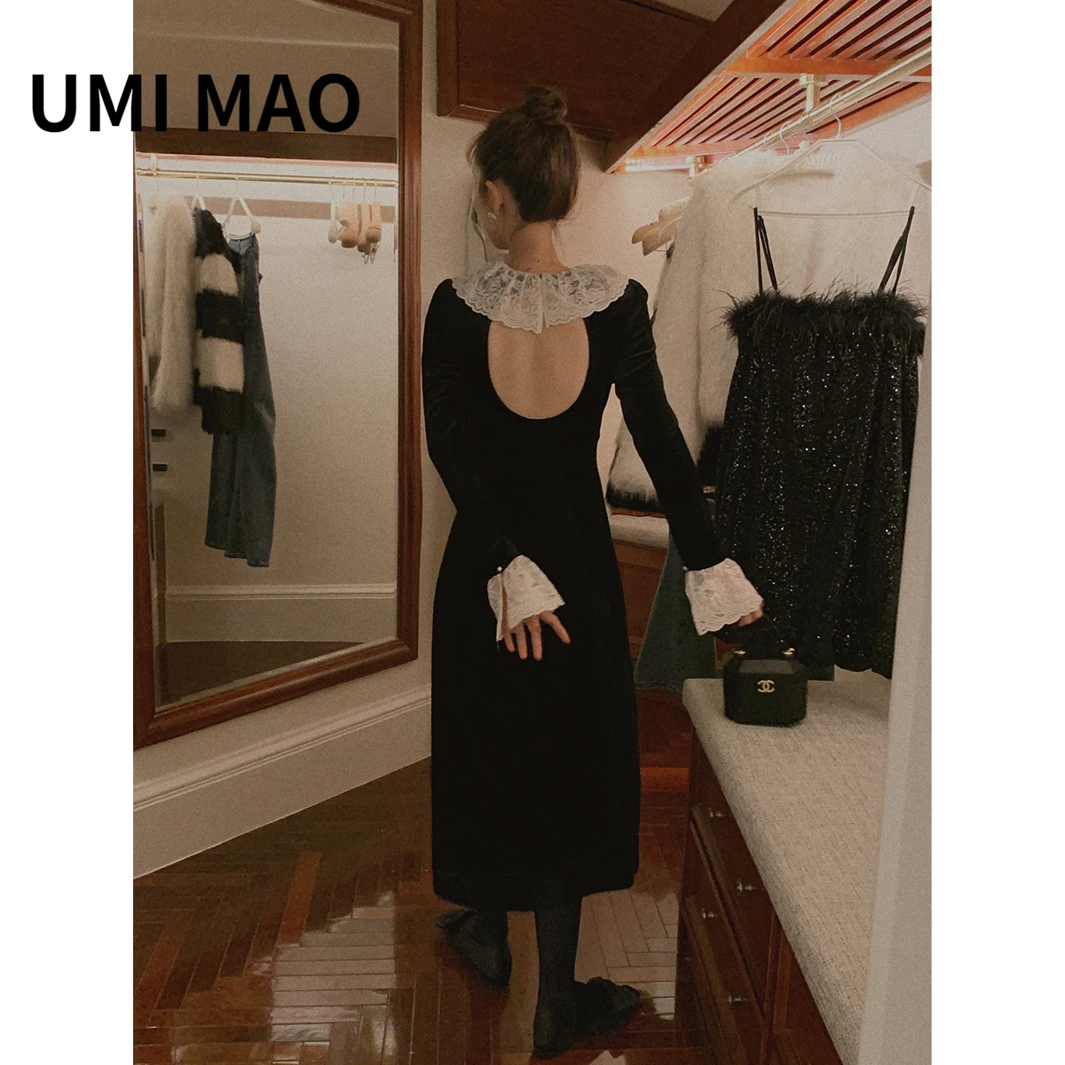 

UMI MAO Retro Female Winter Korean French Celebrity Backless Lace Ruffle Collar Long Velvet Evening Dress Elegant Female