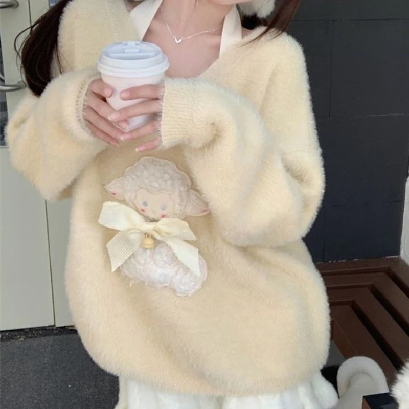 Мягкий восковой молочно-желтый свитер с v-образным вырезом и бантом новый зимний