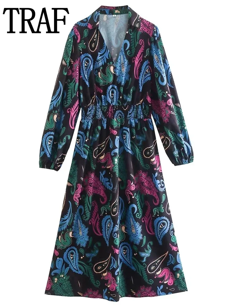 

TRAF Boho Long Dress Women Print Pleated Maxi Dress Woman Chic Evening Party Dresses Ladies Autumn Puff Sleeve Dresses for Women