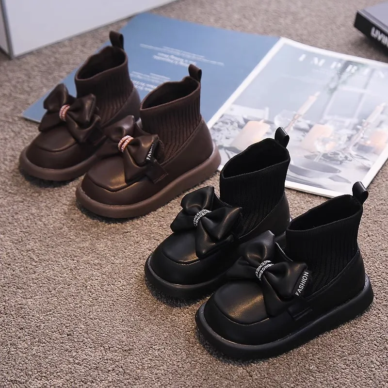 

Детские ботинки, модная однотонная униформа из искусственной кожи для девочек, Новинка весна-осень 2024, Детские Модные вязаные носки с бантом, ботинки, обувь для маленьких девочек