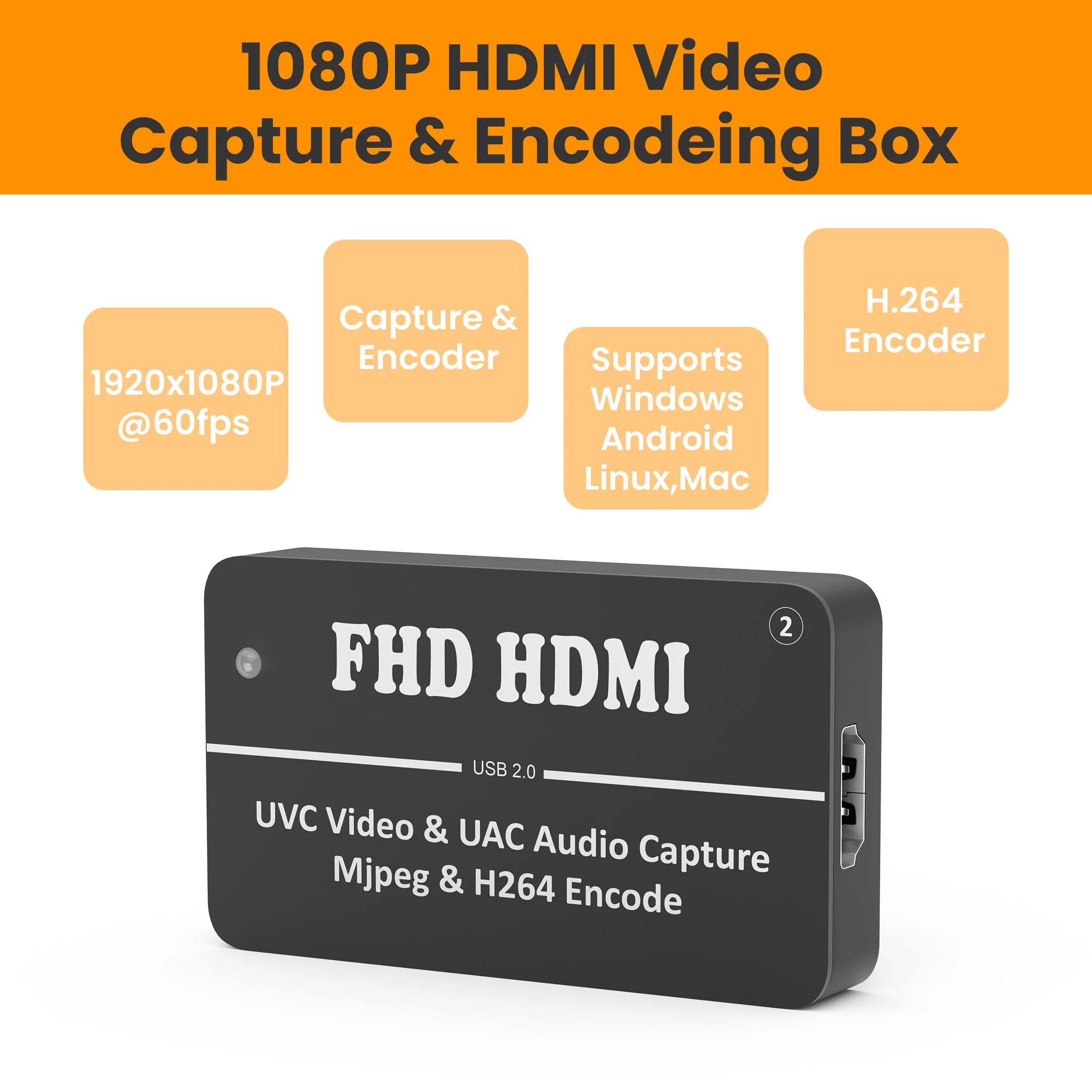 

LCC260 HDMI TO USB 1080P60FPS Capture H.264 Encoder H264&MJPEG Two Streams Encoder 1080P60 USB TO UVC UAC HDMI2USB,HDMI2UVC,5V