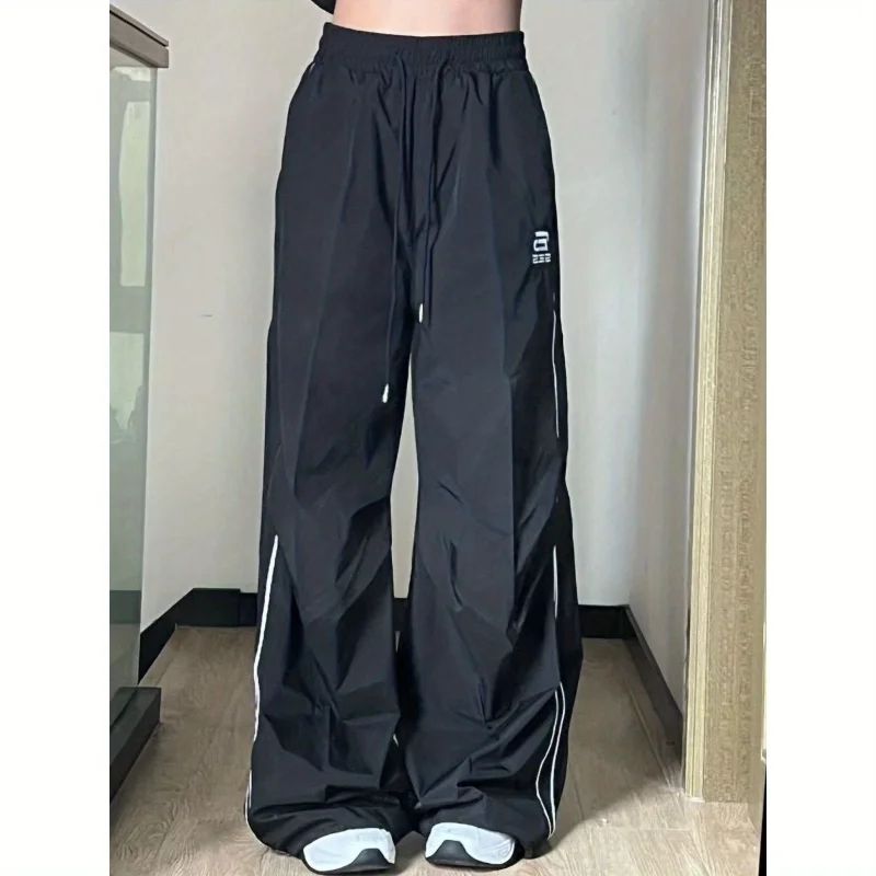 

Спортивные брюки в стиле Харадзюку, парашютные тренировочные штаны с широкими штанинами, джоггеры, уличная одежда, брюки-карго, черные корейские женские и мужские спортивные штаны Y2K