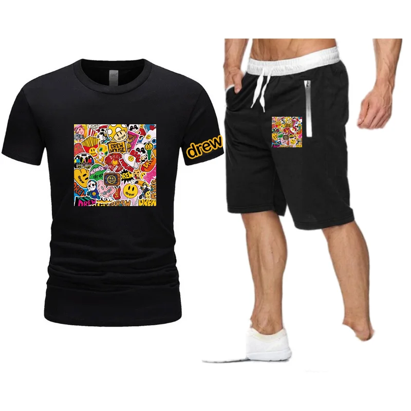 

Drew New Brand Men T shirt+Beach Shorts Sets Summer Sportswear Jogging Pants T-shirt streetwear Harajuku Tops Tshirts