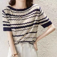 fashionable summer wave stripe ice silk knit short sleeve womens round collar thin cotton and linen t shirt half sleeve top