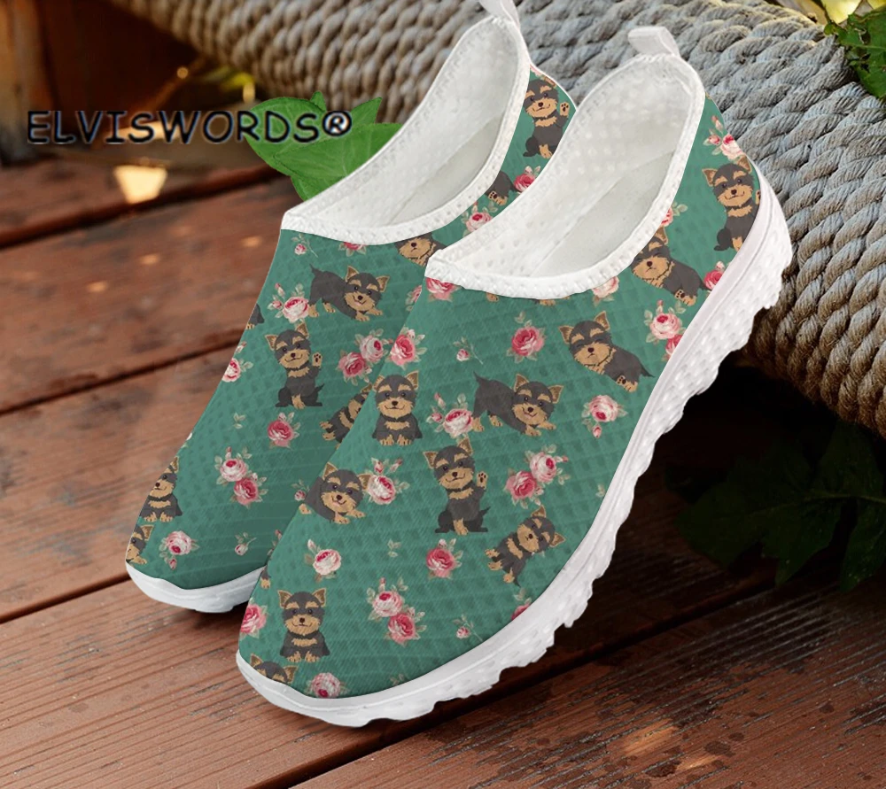 

ELVISWORDS Summer Cute Yorkshire Printing Flats Women Shoes Air Mesh Super Light Ladies Sneakers Green Comfortable Girls Loafers