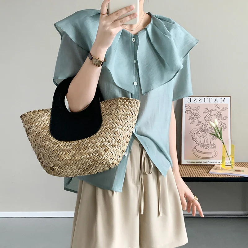

Ruffle Lapel Silk Doll Shirt Blue White Beige Summer Short Sleeve Women Blouse