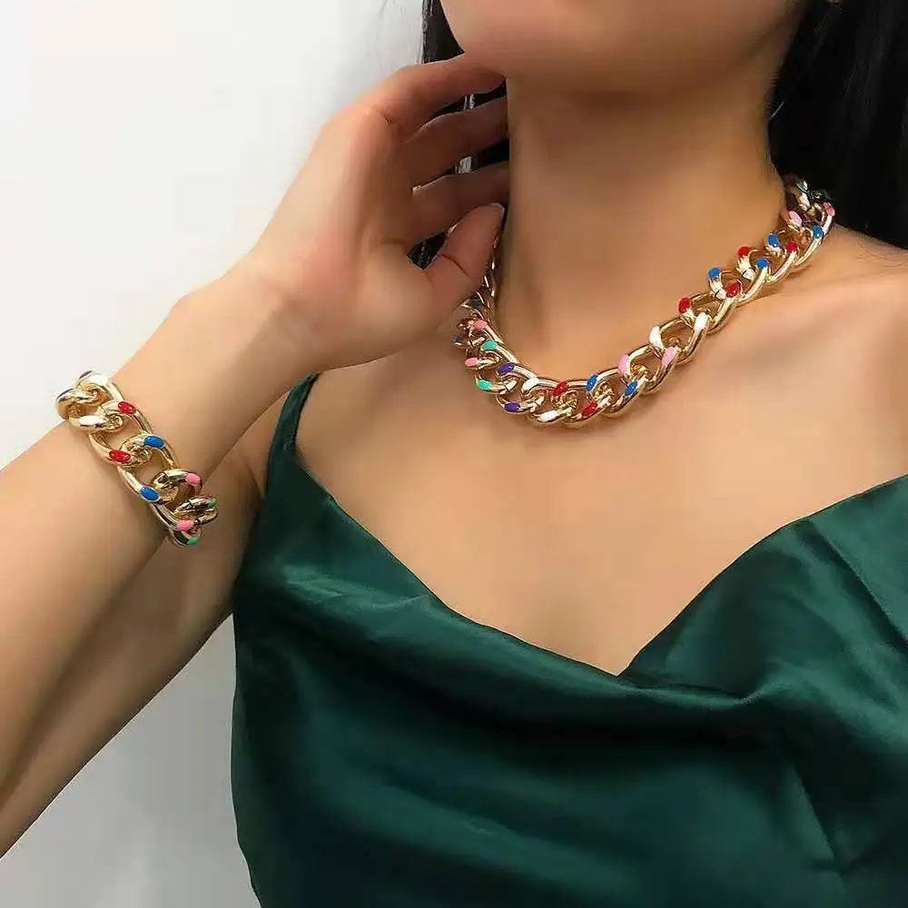 SITA 316L Stainless Steel Cuban Chain Hip Hop Enamel Color Dripping Oil Necklace Bracelet for Women Jewelry Party Wedding Gifts