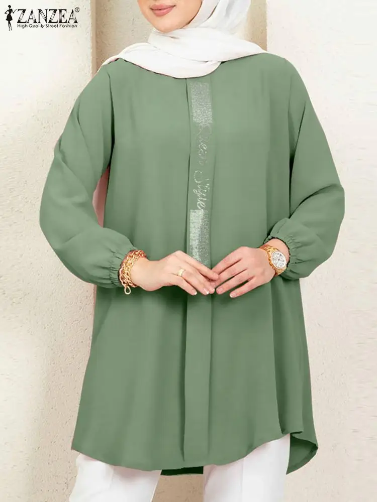 

ZANZEA Fashion Sequins Tops Women Long Sleeve Muslim Blouse Casual Solid Turkish Shirt Female Holiday Blusas Loose Tunic Ramada