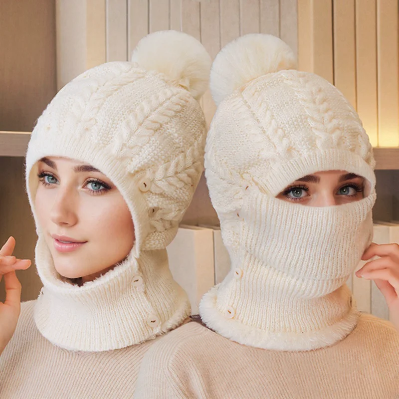 Зимняя женская вязаная шапка с защитой лица и ушками