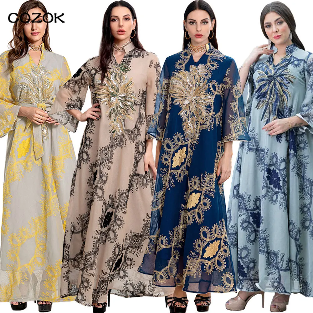 

Moroccan Dress Women Muslim Sequins Abaya Hijab Dubai Turkey Islam Kaftan Robe Longue Musulmane Vestidos Long Sleeve Dresses