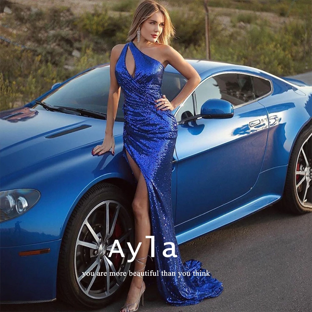 

Gorgeous Sapphire Blue Evening Dress One Shoulder Split Prom Gowns Formal Gowns Sexy High Split Evening Dresses