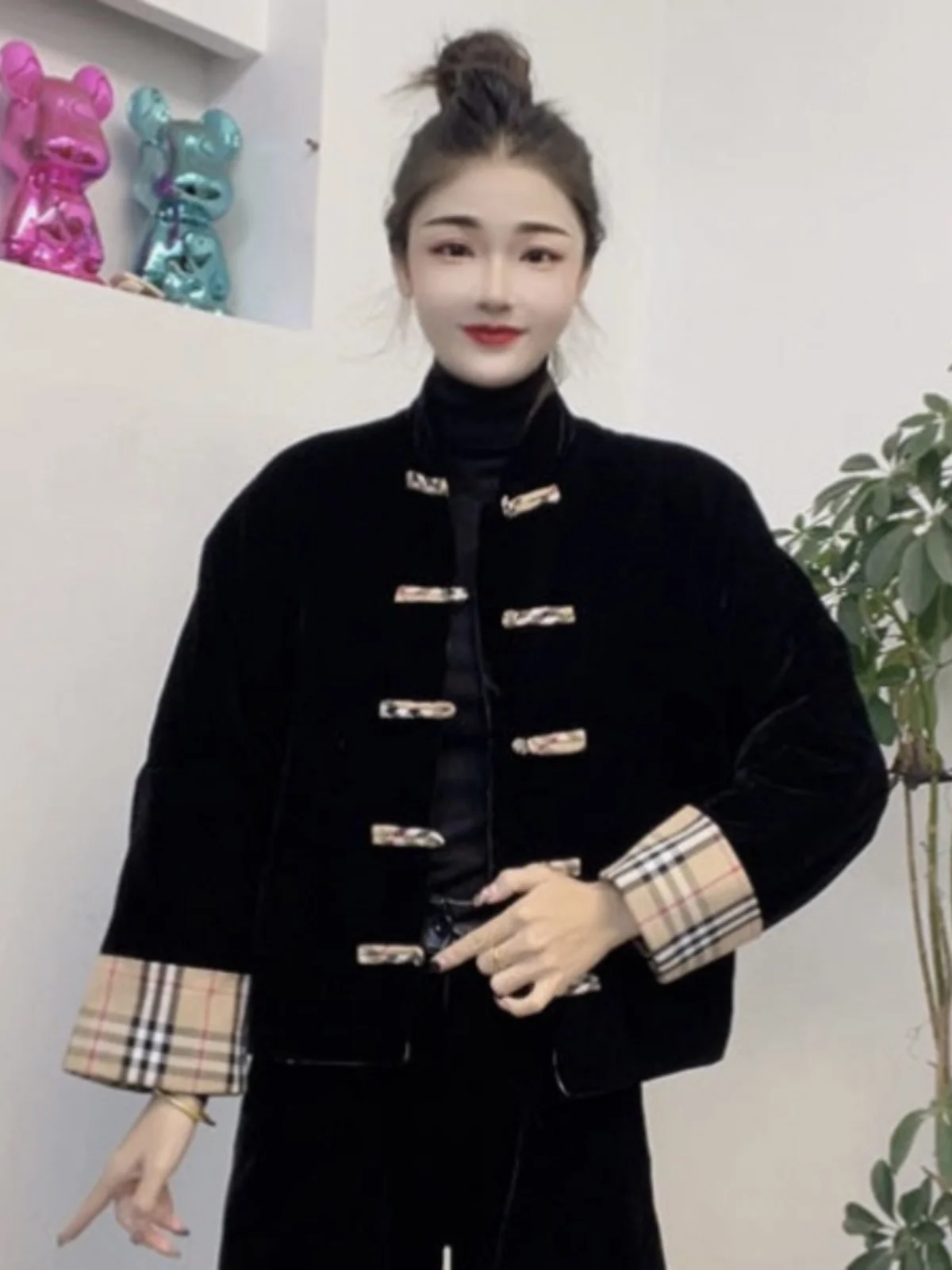 Новое стеганое короткое пальто в китайском стиле с пряжкой бархатном пэчворк