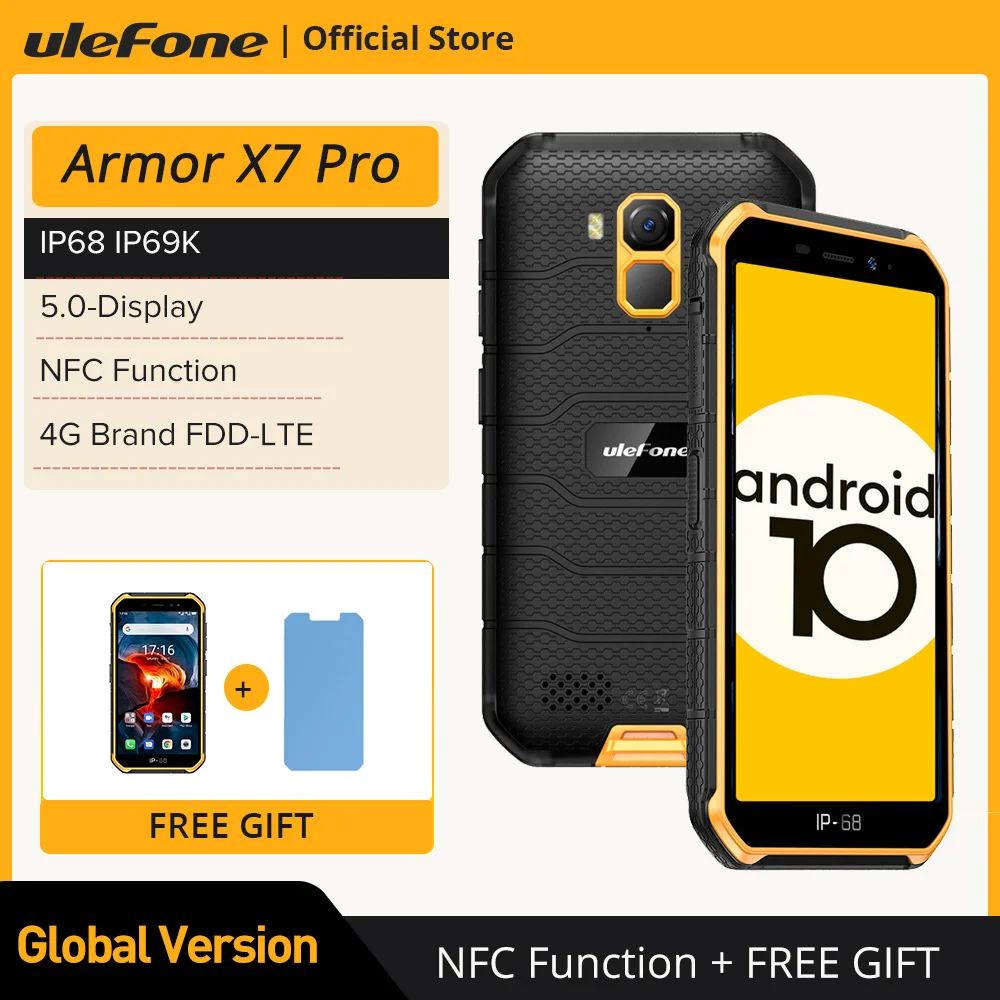 Ulefone Armor X7 Pro Смартфон Android10 Прочный телефон 4 ГБ оперативной памяти Смартфон Водонепроницаемый Мобильный телефон Сотовый телефон ip68 NFC 4G LTE 2.4 ...