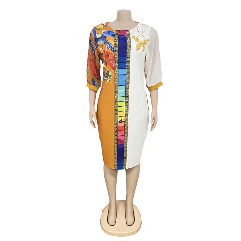 

African Dresses For Women Party Dashiki Clothing Flower 3/4 Sleeve Midi Dress Robe Africaine Femme Clothes Africa Dress 2022
