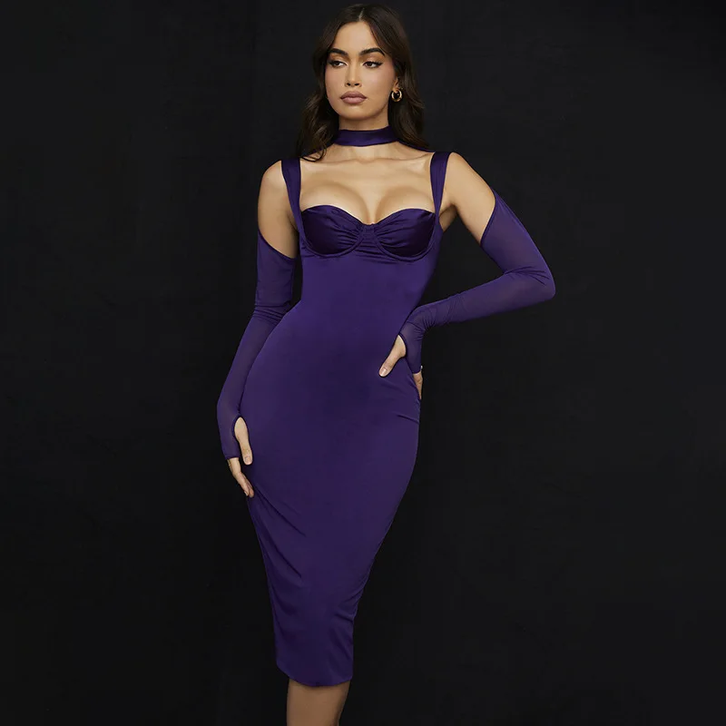 

2021 Spring Fall New Elegant Purple Hollow Out Long Sleeves Casual Evening Party Sexy Halter Women's Clothes Basic Maxi Dress