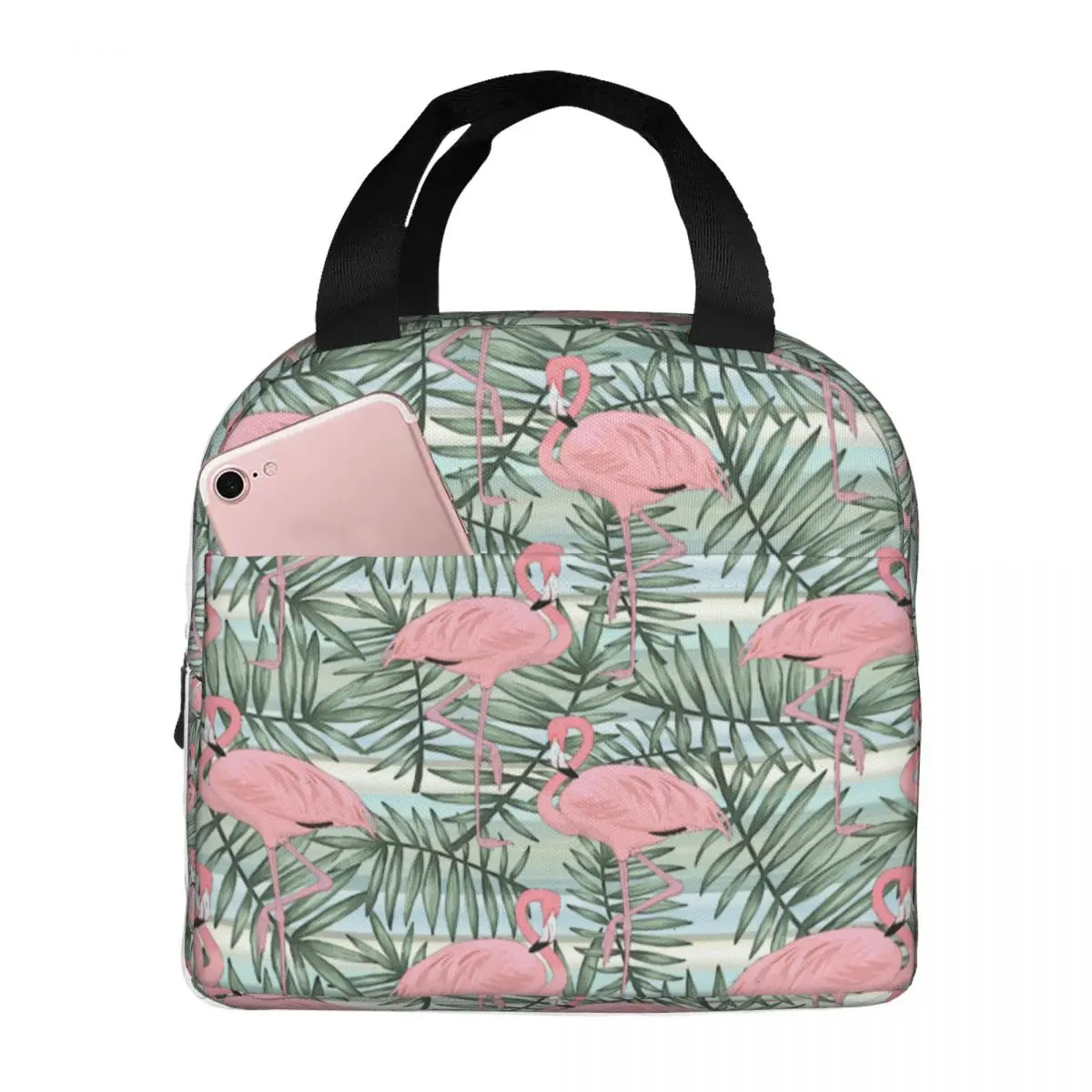 

Tropical Pink Flamingo Palm Tree Leaves Lunch Bags Waterproof Insulated Cooler Thermal Cold Food Picnic Lunch Box for Women Kids