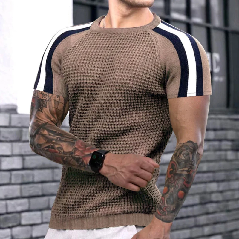 

2023 Spring Summer Short Sleeve Waffed Casual T-shirt Mens Clothes Fashion Striped Patchwork Tees for Men Leisre Loose Pullovers