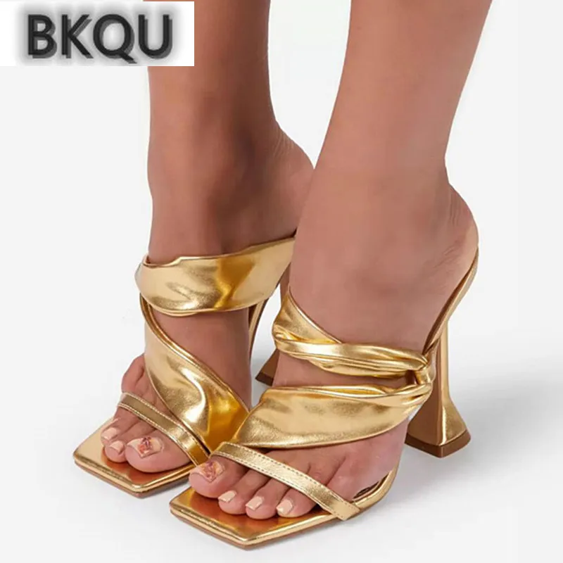 

2022 Summer New Women's Party High Heels Fish Mouth Fashion Pleated Gold Solid Color Stiletto Ladies Sandals Large Size