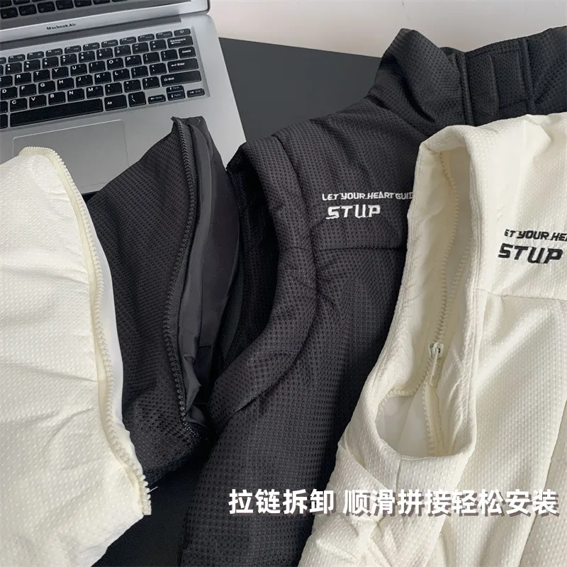 Detachable Sleeve Two-wear Winter American Retro Stand-up Collar Letter Couple Warm Cotton Coat Casual Loose Down Cotton Winter