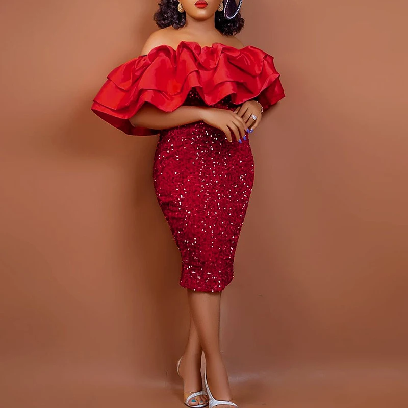 

Women Ruffles Off The Shoulder Sequins Dresses Bodycon Slim Dress Elegant Fashion 2022 Chic Birthday Clothes