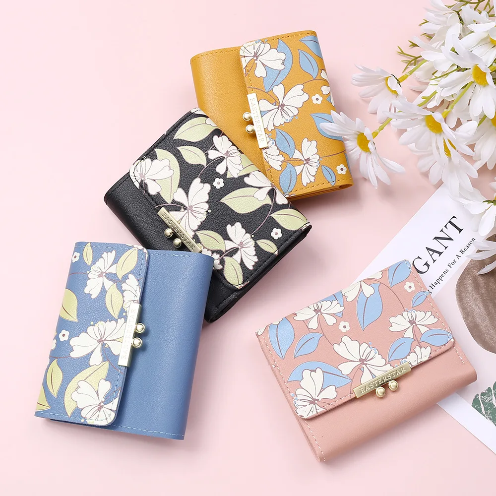 2023 New Flowers Cute Women Wallet Buckle Folding Girl Small Wallet Brand Designed PU Leather Coin Purse Female Card Holder