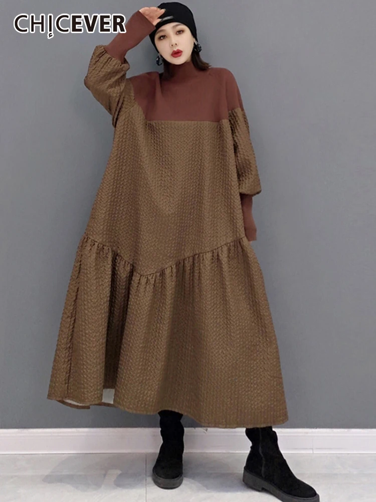 

CHICEVER винтажные платья для женщин с воротником-стойкой и длинным рукавом в стиле пэчворк ТРАПЕЦИЕВИДНОЕ свободное платье женская осенняя одежда модный стиль
