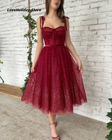 2022 rose red glitter tulle prom dresses with spaghetti straps backless tea length party gowns vestido elegante mujer para festa