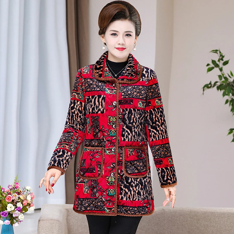 Aged Women Winter Quilted Coat Red Blue Green Floral Thermal Thick Padded Overcoat Warm Fleece Cosy Comfort Basic Coats 60s 70s