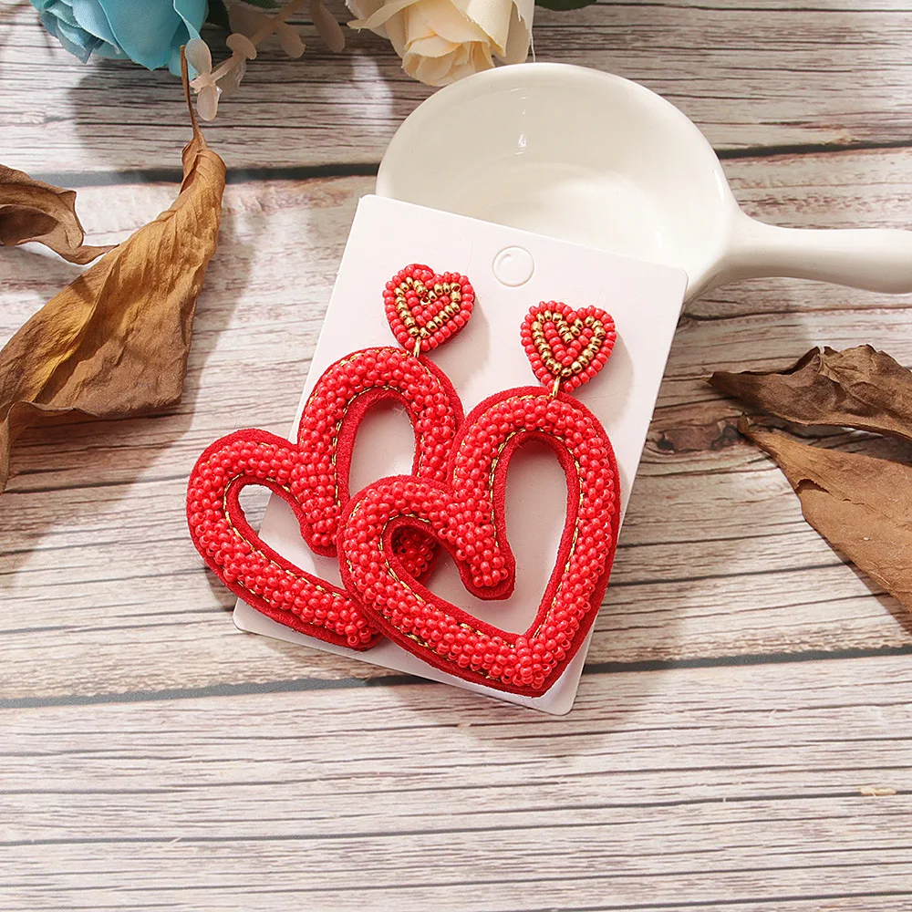 

VALENTINE’S HEART EARRINGS for Women Girl Red On Red Heart Beaded Earrings Love Drop Valentine’s Day Gifts Seed Bead Accessories