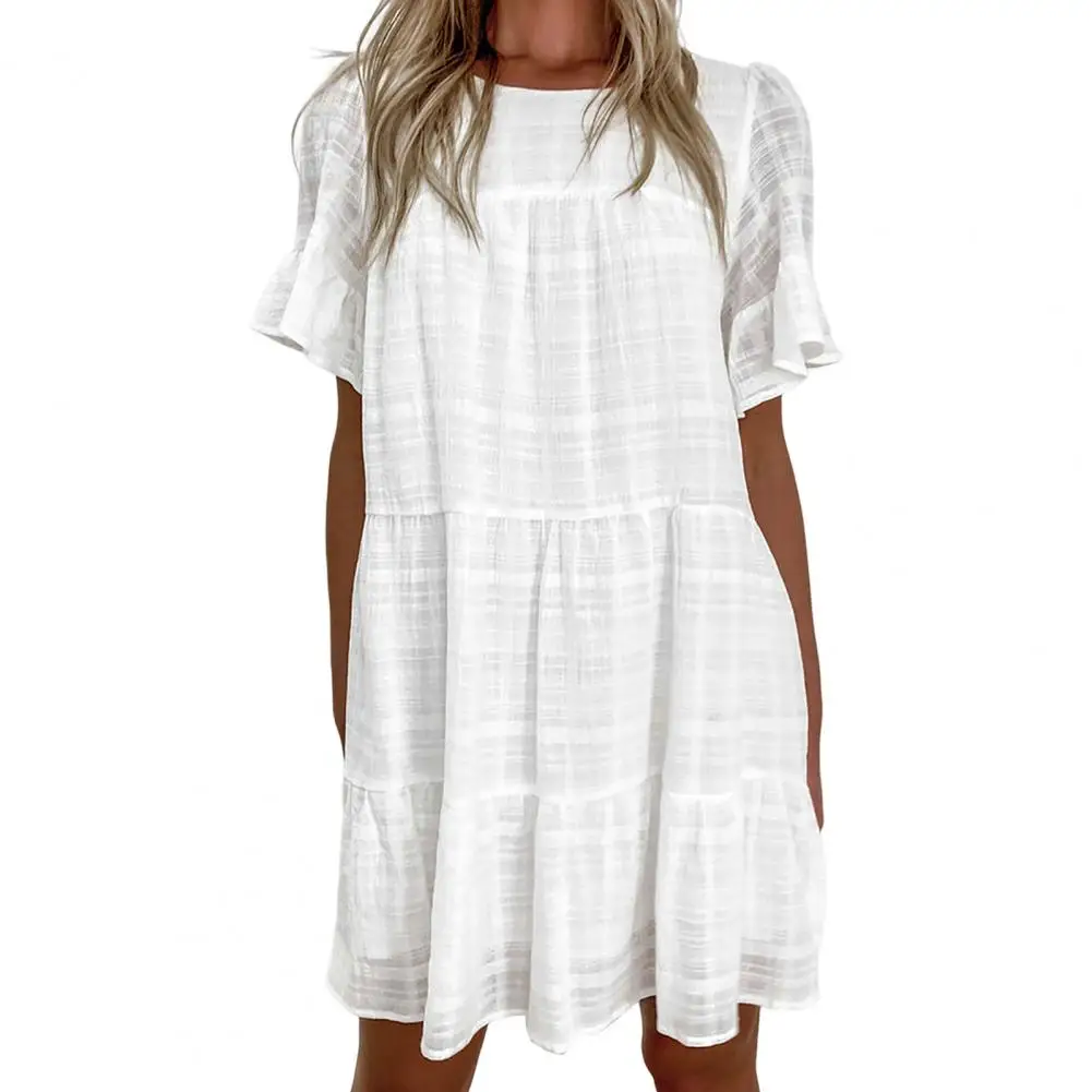 

Ladies Dress Solid Color Summer Mini Dress Loose Elegant Summer Mini Dress
