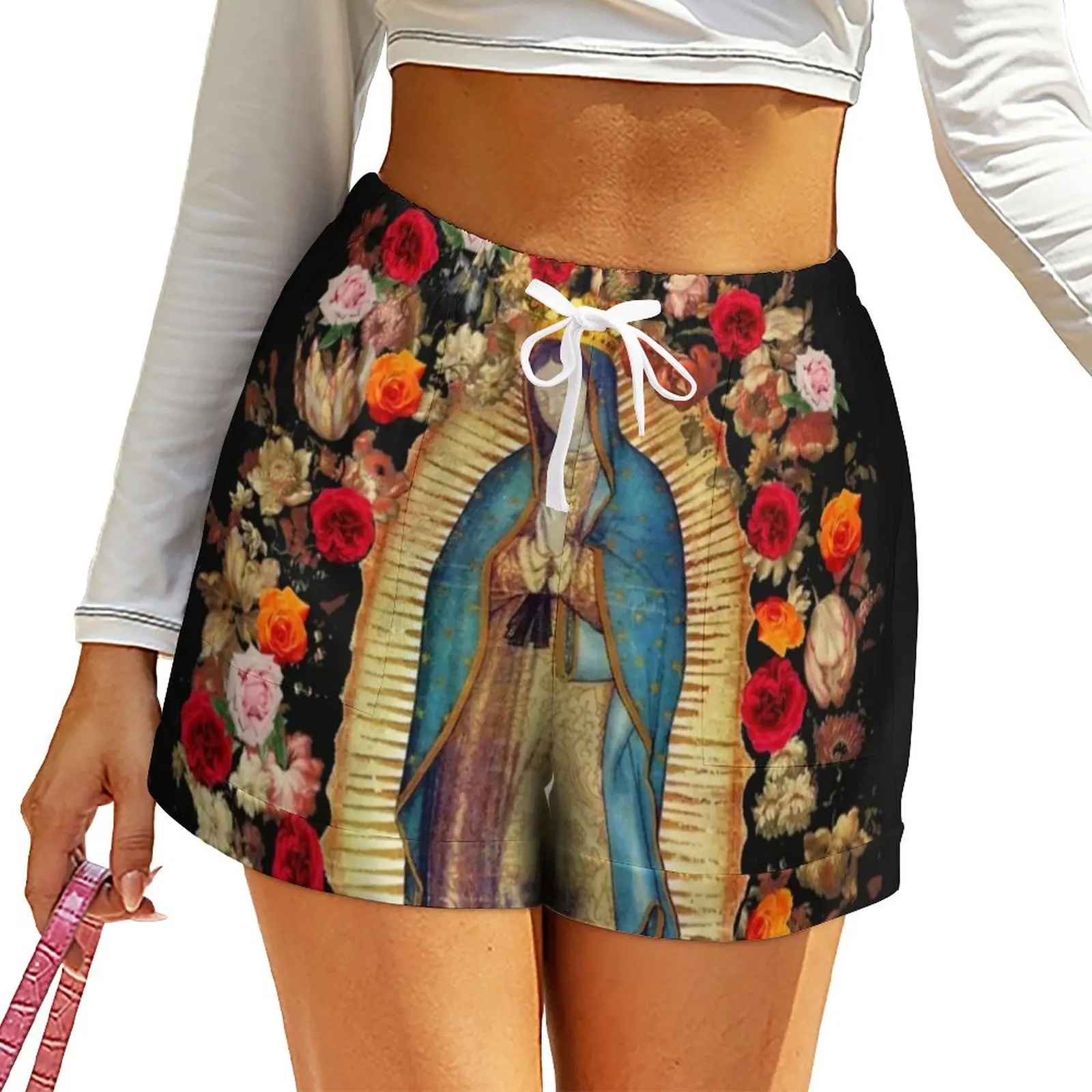 

Mexican Virgin Mary Shorts Floral Print Oversize Street Style Shorts High Waist Kawaii Short Pants Ladies Design Pockets Bottoms