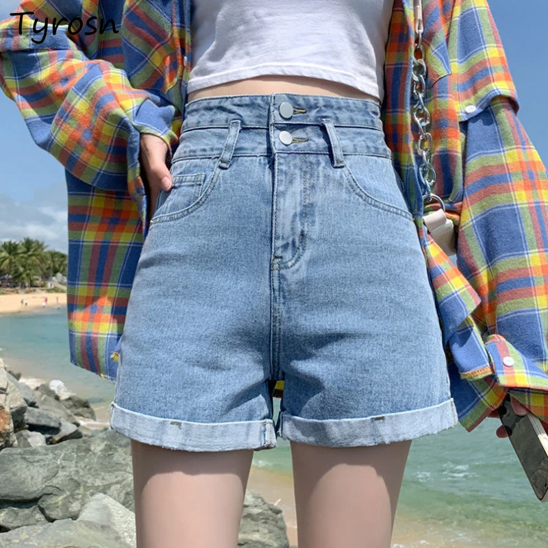

Denim Shorts Women Solid Simple Empire Elegant Hot Fashion All-match Korean Style Ladies Roll-up Hem Simple Loose Casual Summer