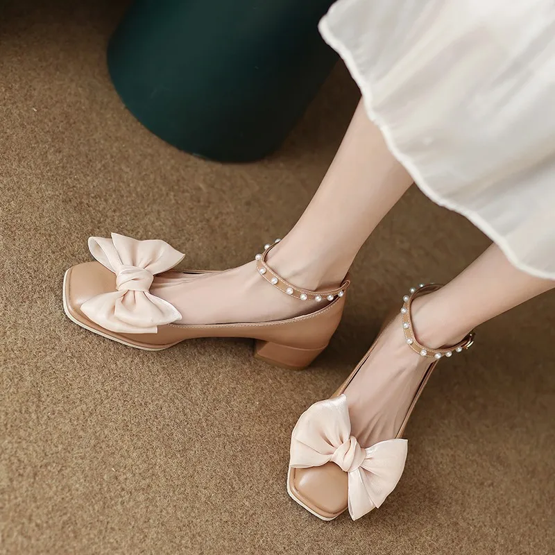 

Elegant Pearls Buckle Strap Pumps Women Bowknot Thick Heels Mary Jean Shoes Woman Square Toe High Heeled Shoes Ladies Size 33-43