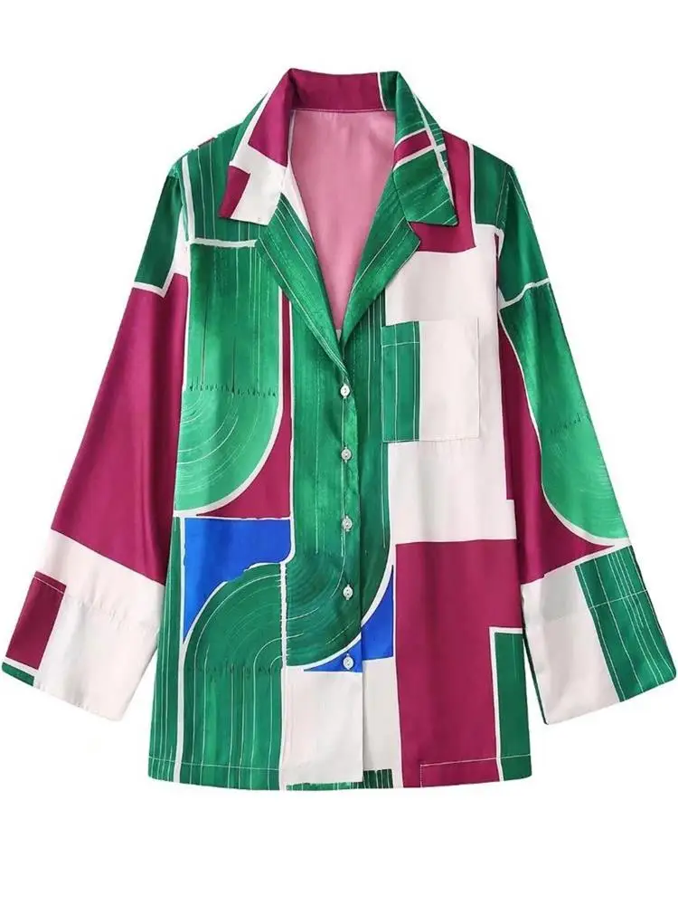 

MESTTRAF Sexy 2022 Women Patch Pocket Printed Shirts Vintage Long Sleeve Button-up Female Blouses Blusas Chic Tops