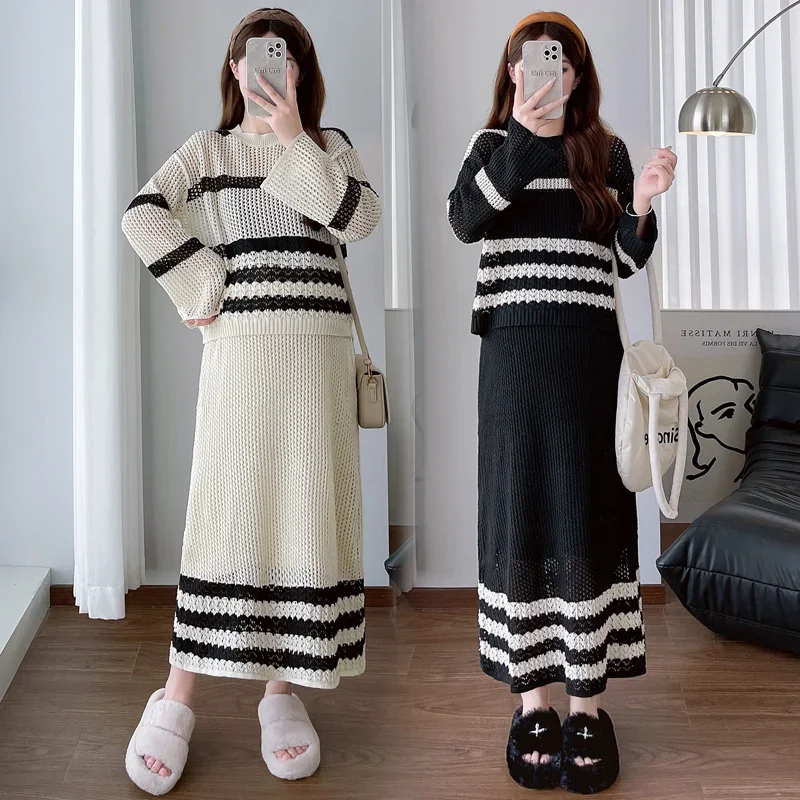 Осенний комплект одежды для беременных в корейском стиле полосатый лоскутный
