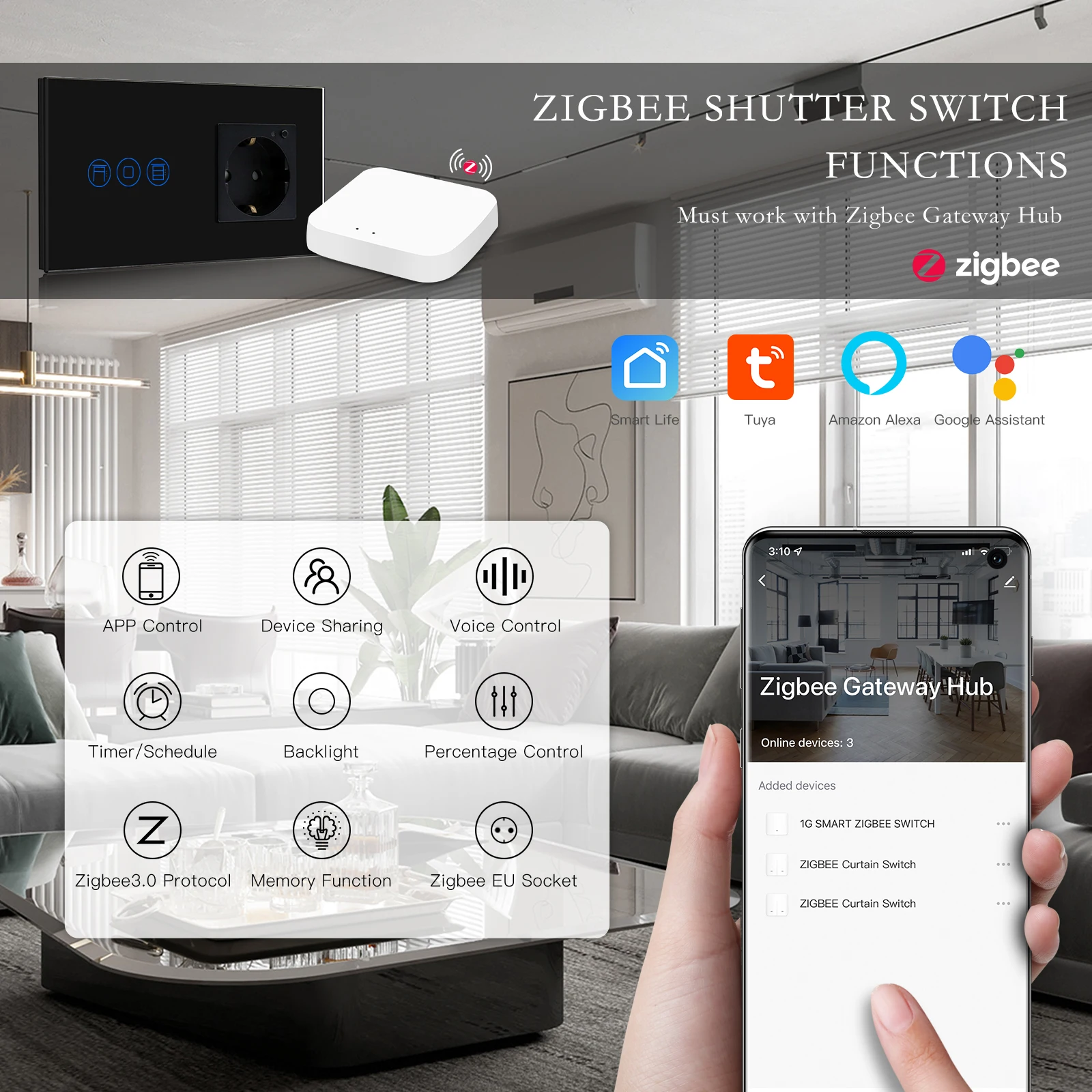 Фото Сенсорный затвор BSEED Tuya Zigbee, умная розетка для электрического двигателя, управление через приложение Alexa №2