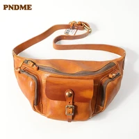 pndme fashion luxury genuine leather mens multi pocket chest bag designer high quality real cowhide shoulder crossbody bag