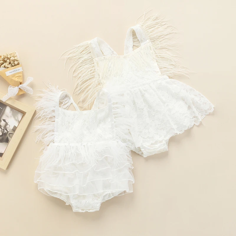 

Baby Girls Tutu Romper Dress White Sleeveless Backless Lace/Layered Ruffle Hem Feather Bodysuit Princess Baby Summer Clothing