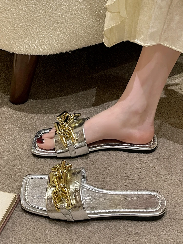 

Shoes Gold Sandals Slippers Flat Shallow Square Toe Low Summer Clogs Woman Slides Pantofle Beach Soft 2023 Rubber Bonded Leather