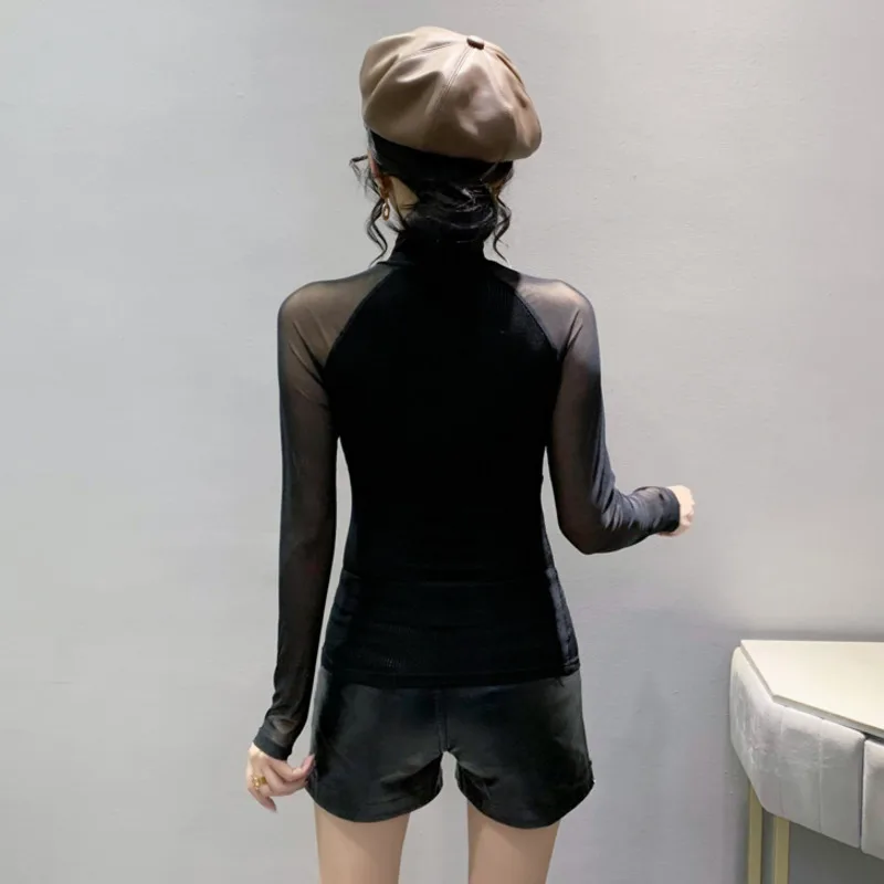 #8374 Сетчатая футболка женская сексуальная водолазка с вырезами длинным рукавом