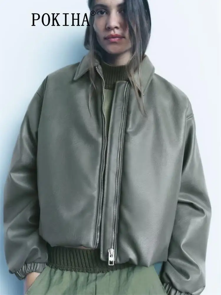 

Pokiha Women 2023 New Winter Autumn Fashion Fur Faux Leather Jacket Coat Vintage Street Long Sleeve Female Outerwear Chic Tops